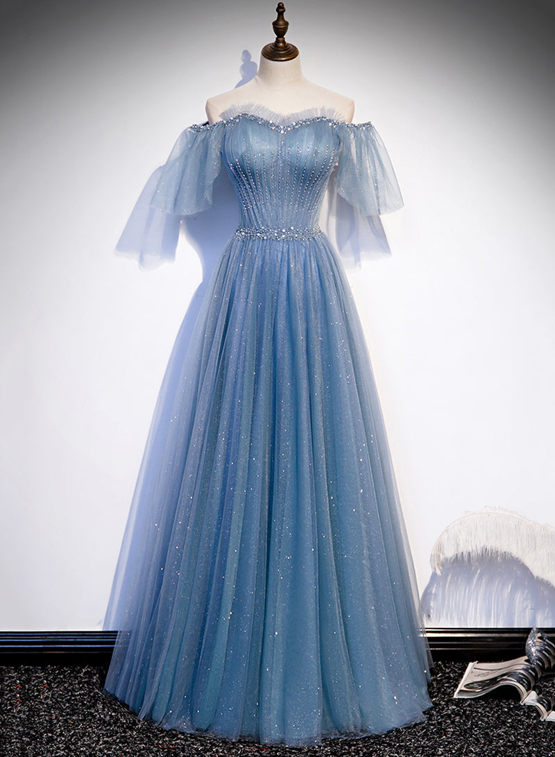 Vestido de fiesta encantador de tul azul claro con mangas abullonadas y largo hasta el suelo 