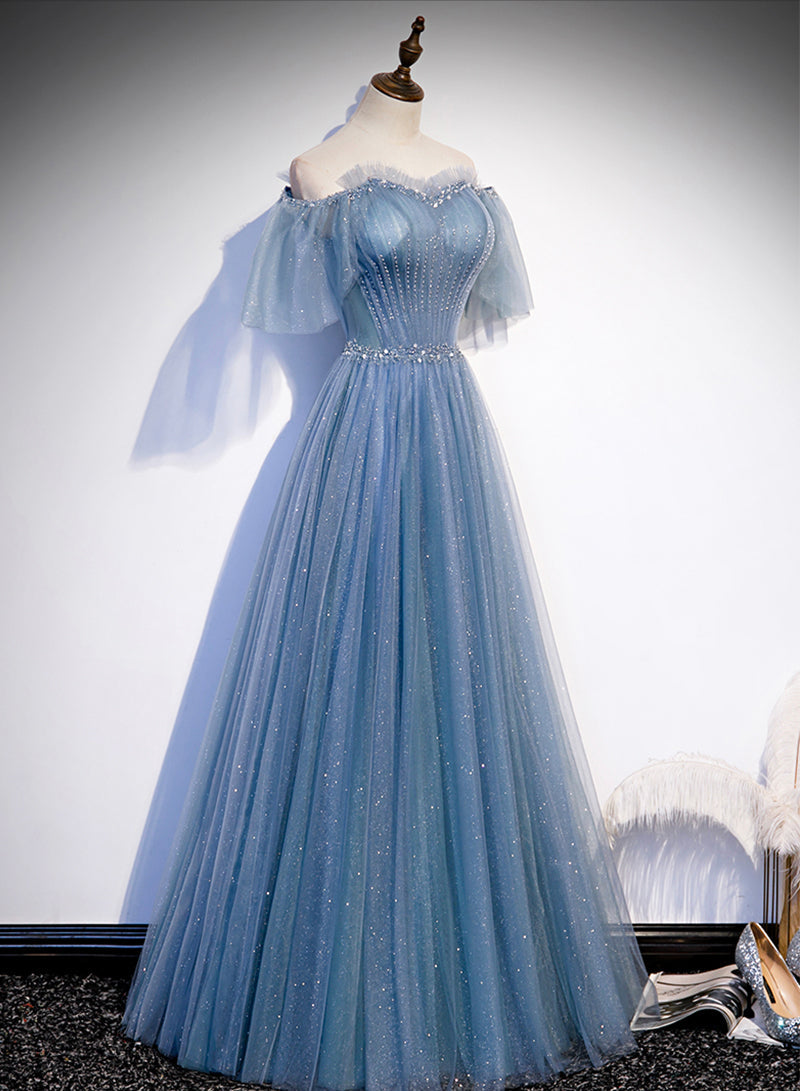 Vestido de fiesta encantador de tul azul claro con mangas abullonadas y largo hasta el suelo 