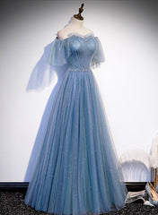 Vestido de fiesta encantador de tul azul claro con mangas abullonadas y largo hasta el suelo 