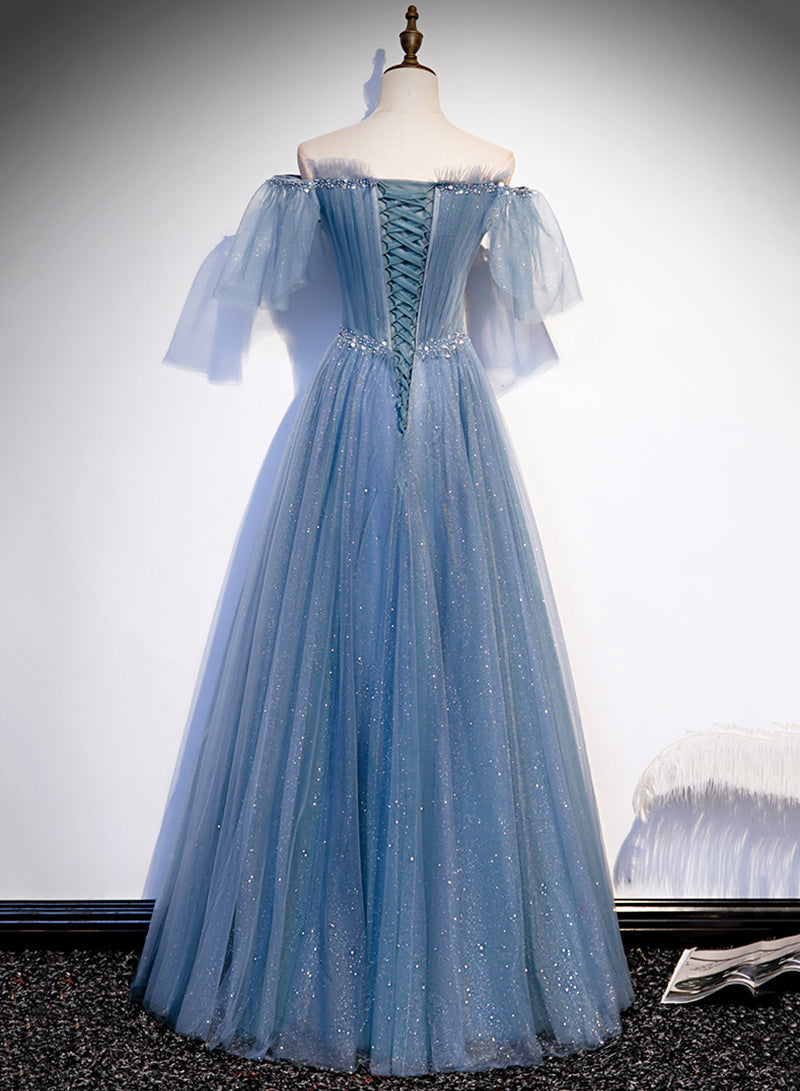 Vestido de fiesta encantador de tul azul claro con mangas abullonadas y largo hasta el suelo 