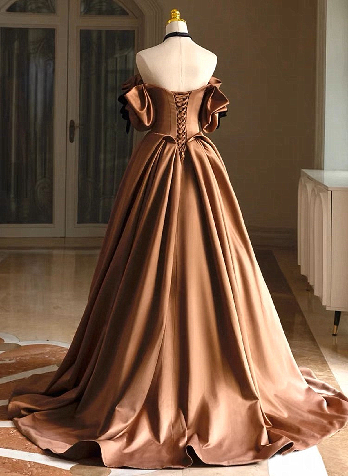 A-line Brown Satin Off Shoulder Scoop Long Prom Dress