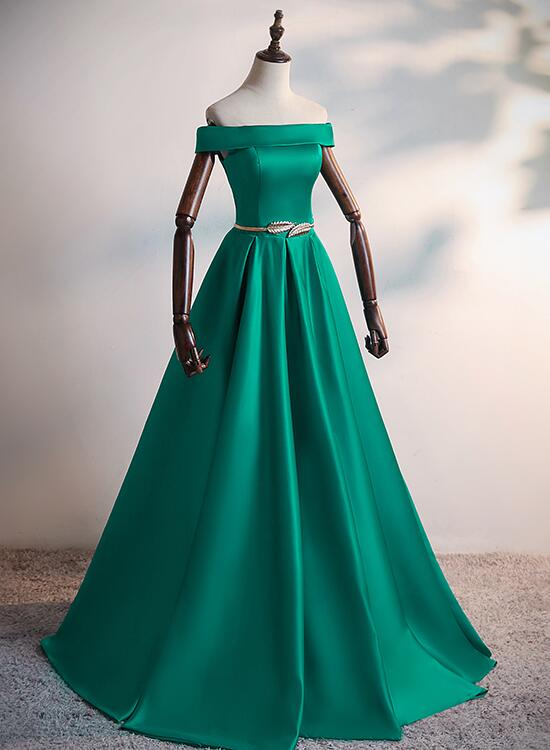 Green Satin A-line Long Off Shoulder Simple Prom Dress