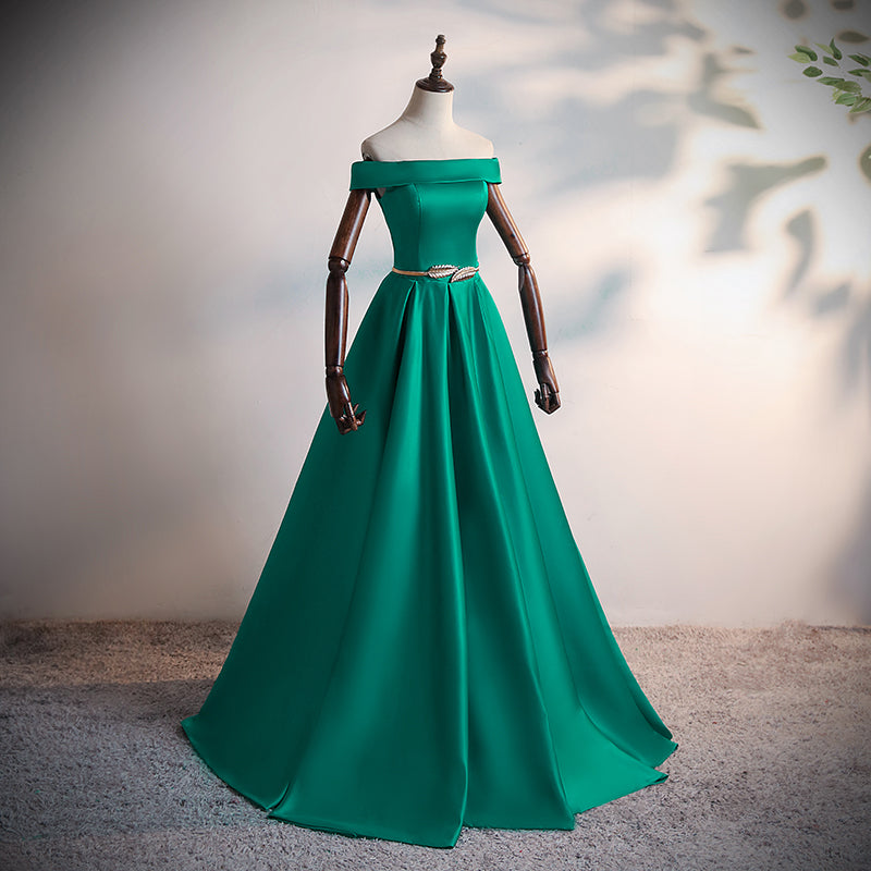 Green Satin A-line Long Off Shoulder Simple Prom Dress