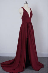Wine Red Chiffon High Slit Long Party Dress