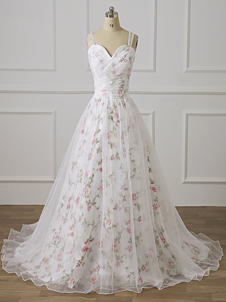 Beautiful White Floral Beaded Straps Long Formal Dress