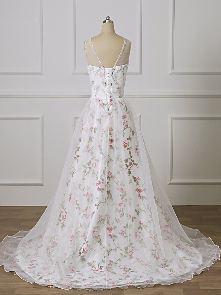 Beautiful White Floral Beaded Straps Long Formal Dress
