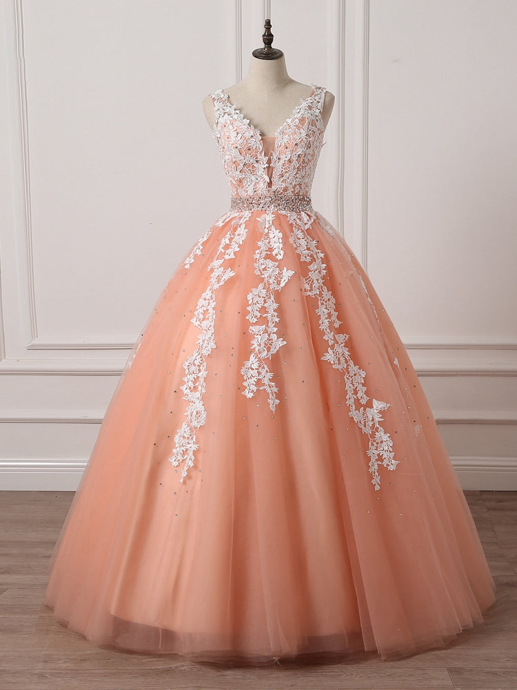 Gorgeous Coral Tulle  High Quality V-neck Lace Appliques Beads Party Dress