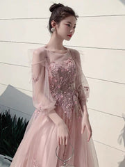 Charminig Pink Tulle Long Sleeves Round Neckline Party Dresses