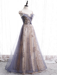 Hermoso vestido de fiesta de tul con apliques de encaje en forma de A 