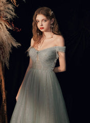 Off Shoulder Sweetheart Tulle Shiny Tulle Long Formal Dress