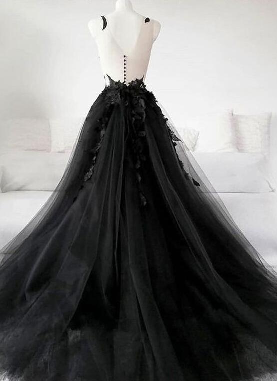 Black Tulle Party Dress with Lace Long Prom Dress