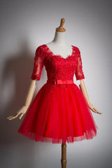 Red Lace Short Sleeves Tulle Knee Length Party Dresses