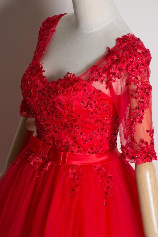 Red Lace Short Sleeves Tulle Knee Length Party Dresses