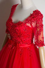 Red Lace Short Sleeves Tulle Knee Length Party Dresses