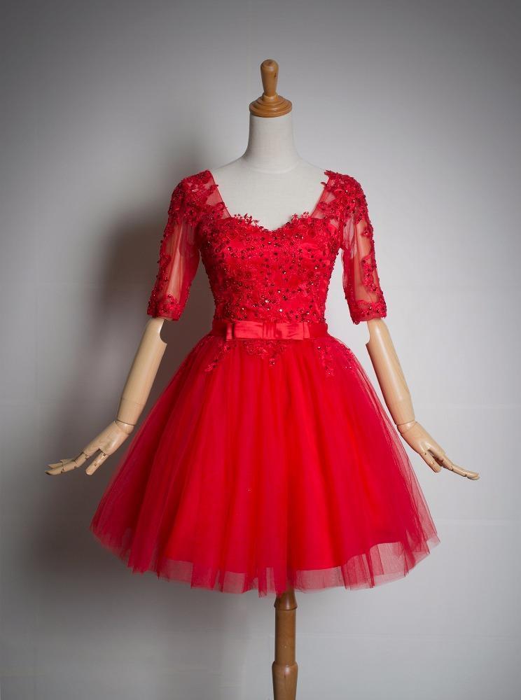 Red Lace Short Sleeves Tulle Knee Length Party Dresses