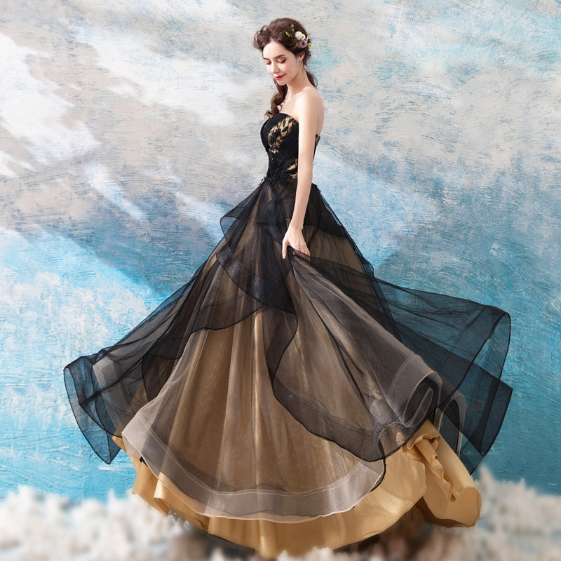 Black and Champagne Tulle Long Party Dress