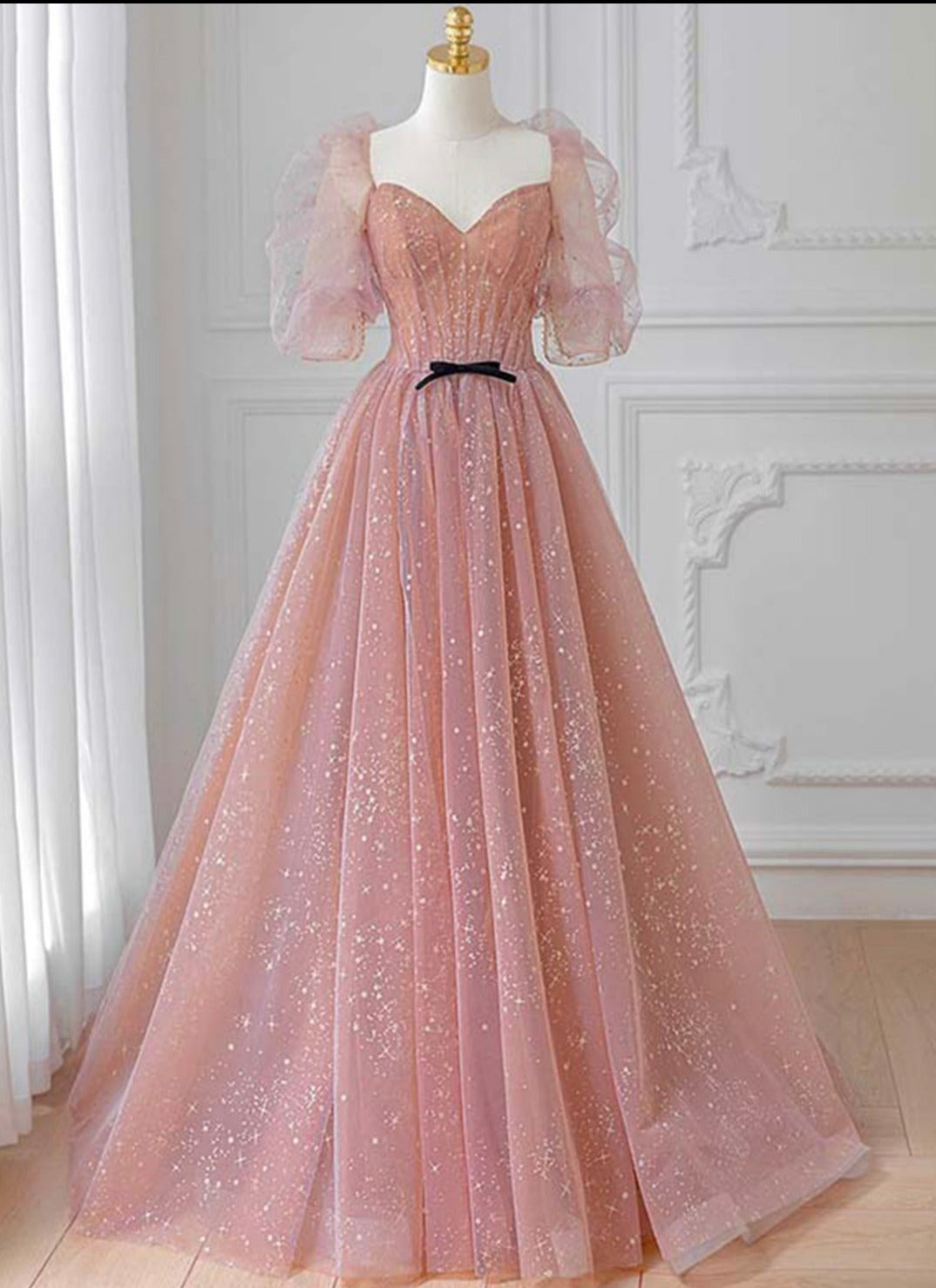 Pink Tulle Beautiful Puffy Sleeves Long Prom Dress