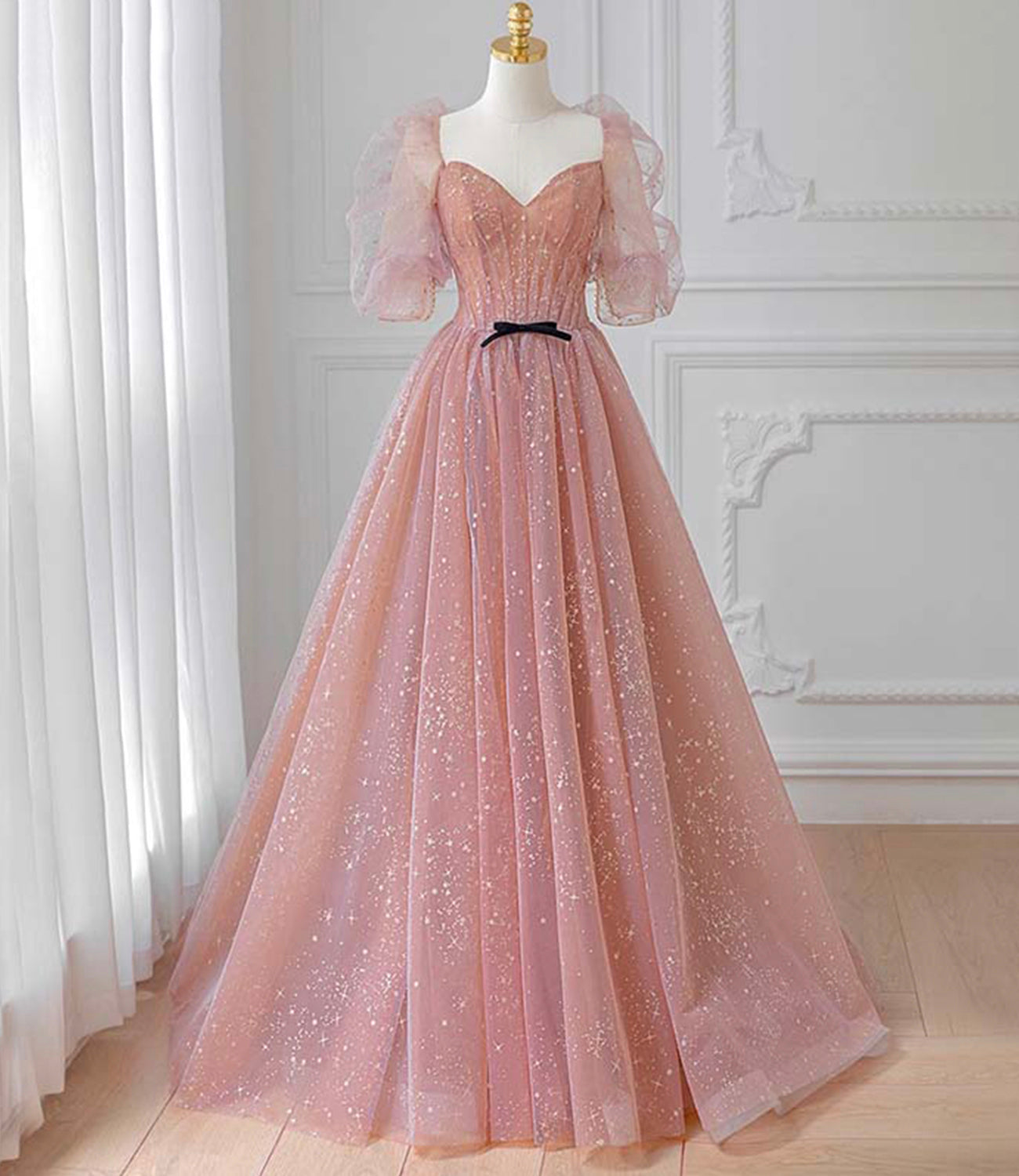 Pink Tulle Beautiful Puffy Sleeves Long Prom Dress