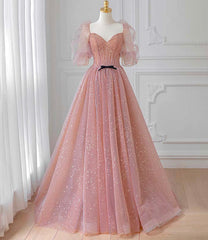 Pink Tulle Beautiful Puffy Sleeves Long Prom Dress