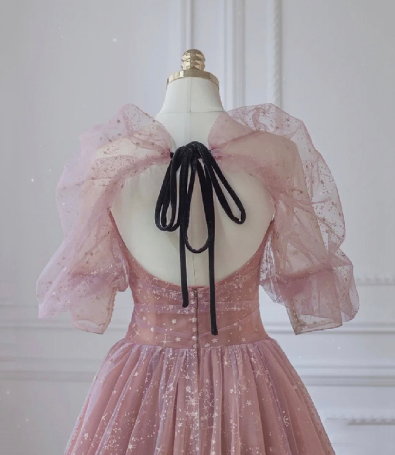 Pink Tulle Beautiful Puffy Sleeves Long Prom Dress