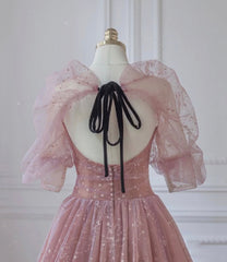 Pink Tulle Beautiful Puffy Sleeves Long Prom Dress