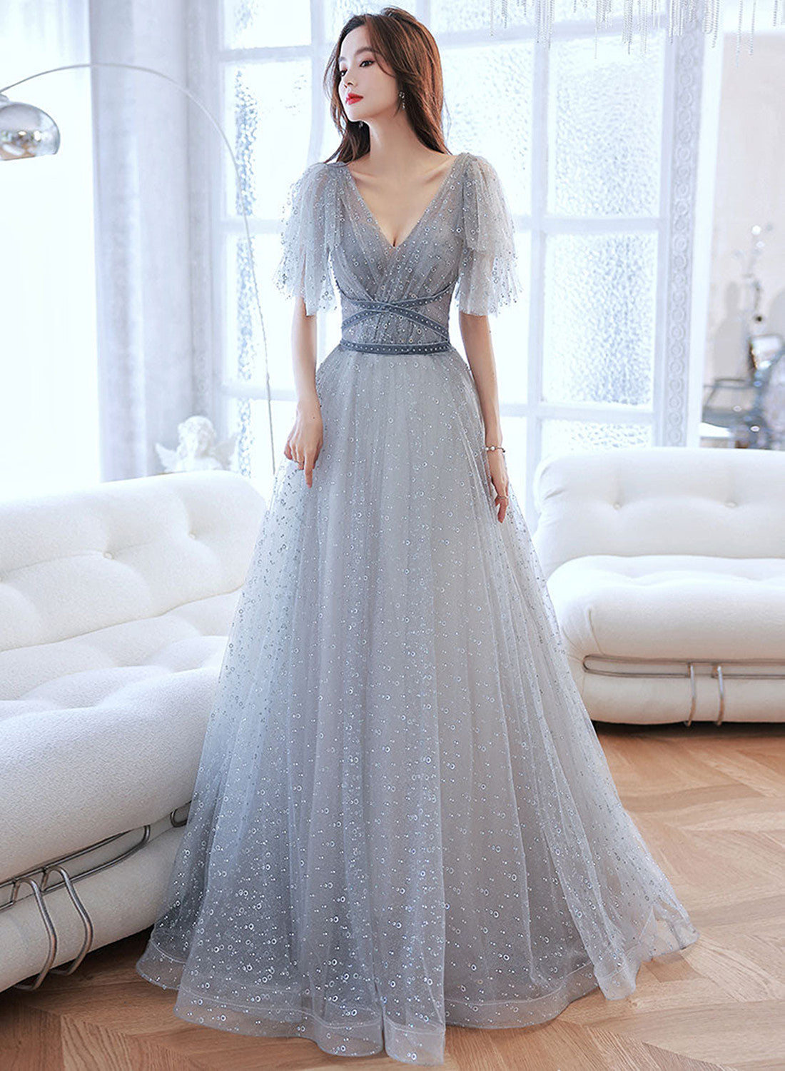 Light Grey A-line Tulle Long Evening Dress Prom Dress