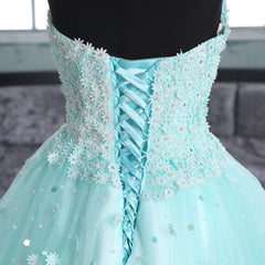 Light Blue Sweetheart Lace Applique High Low Party Dress