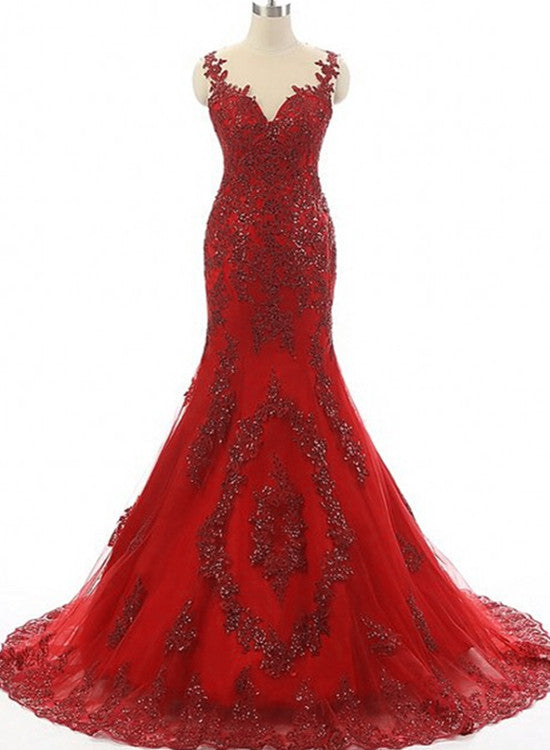 Vestido de fiesta largo de sirena color rojo vino con apliques de encaje 