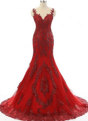 Vestido de fiesta largo de sirena color rojo vino con apliques de encaje 