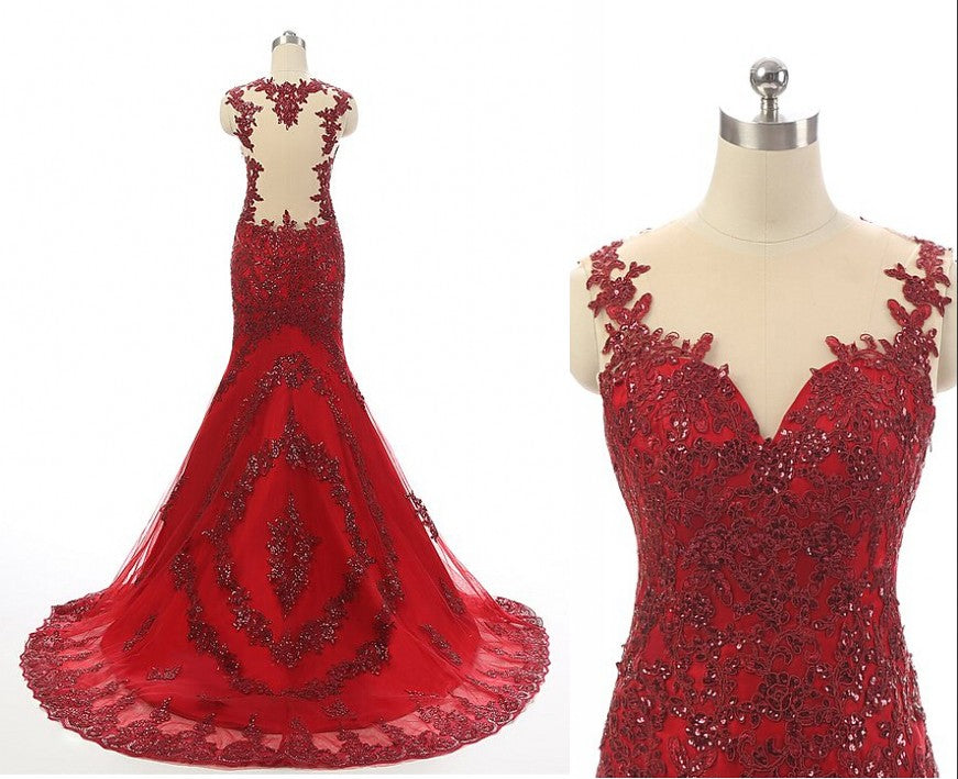 Vestido de fiesta largo de sirena color rojo vino con apliques de encaje 