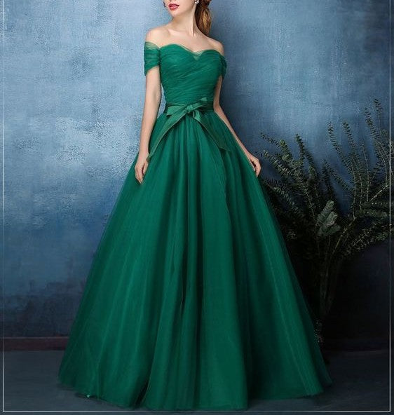 Dark Green Off Shoulder Sweetheart Tulle Prom Dress