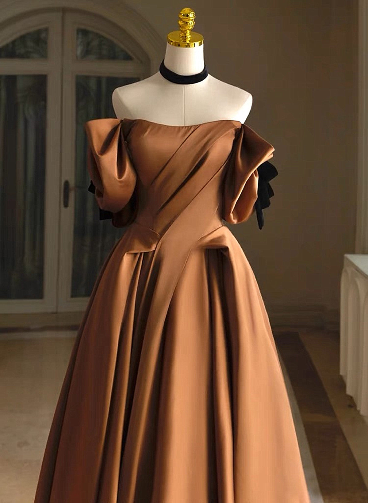 A-line Brown Satin Off Shoulder Scoop Long Prom Dress