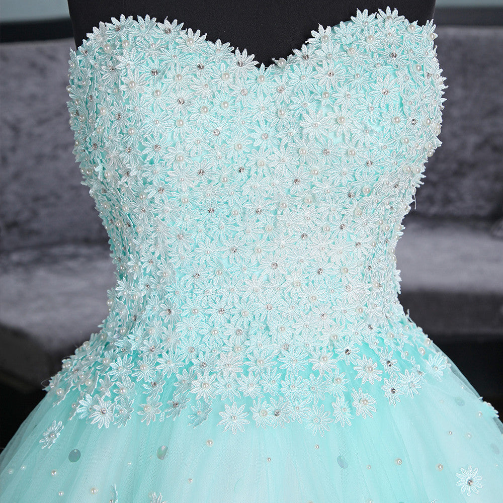 Light Blue Sweetheart Lace Applique High Low Party Dress