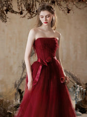Vestido formal largo de tul con encaje, sin tirantes, corte A, color rojo vino 