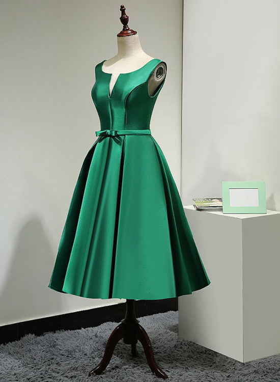 Green Satin Tea Length Bridesmaid Dress