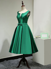 Green Satin Tea Length Bridesmaid Dress