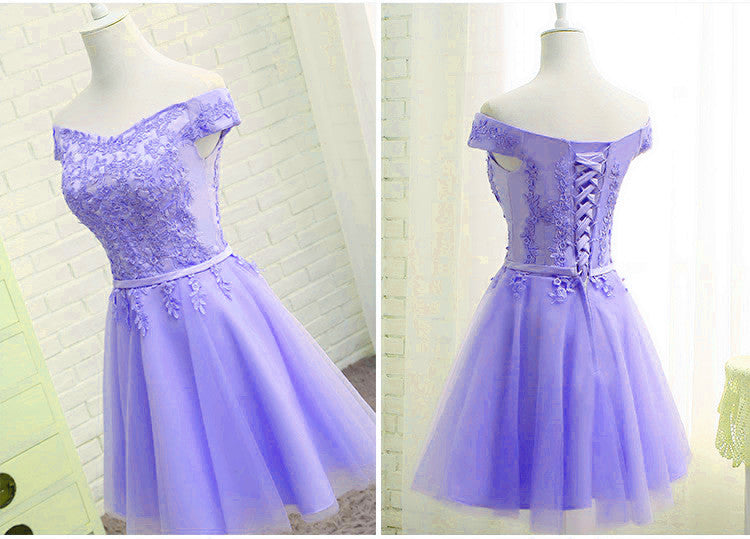 Purple Short Sleeves Lace Off Shoulder Party Dress