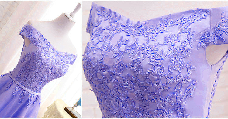 Purple Short Sleeves Lace Off Shoulder Party Dress