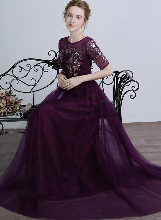 Dark Purple Short Sleeves Tulle with Sequins Applique Party Dress