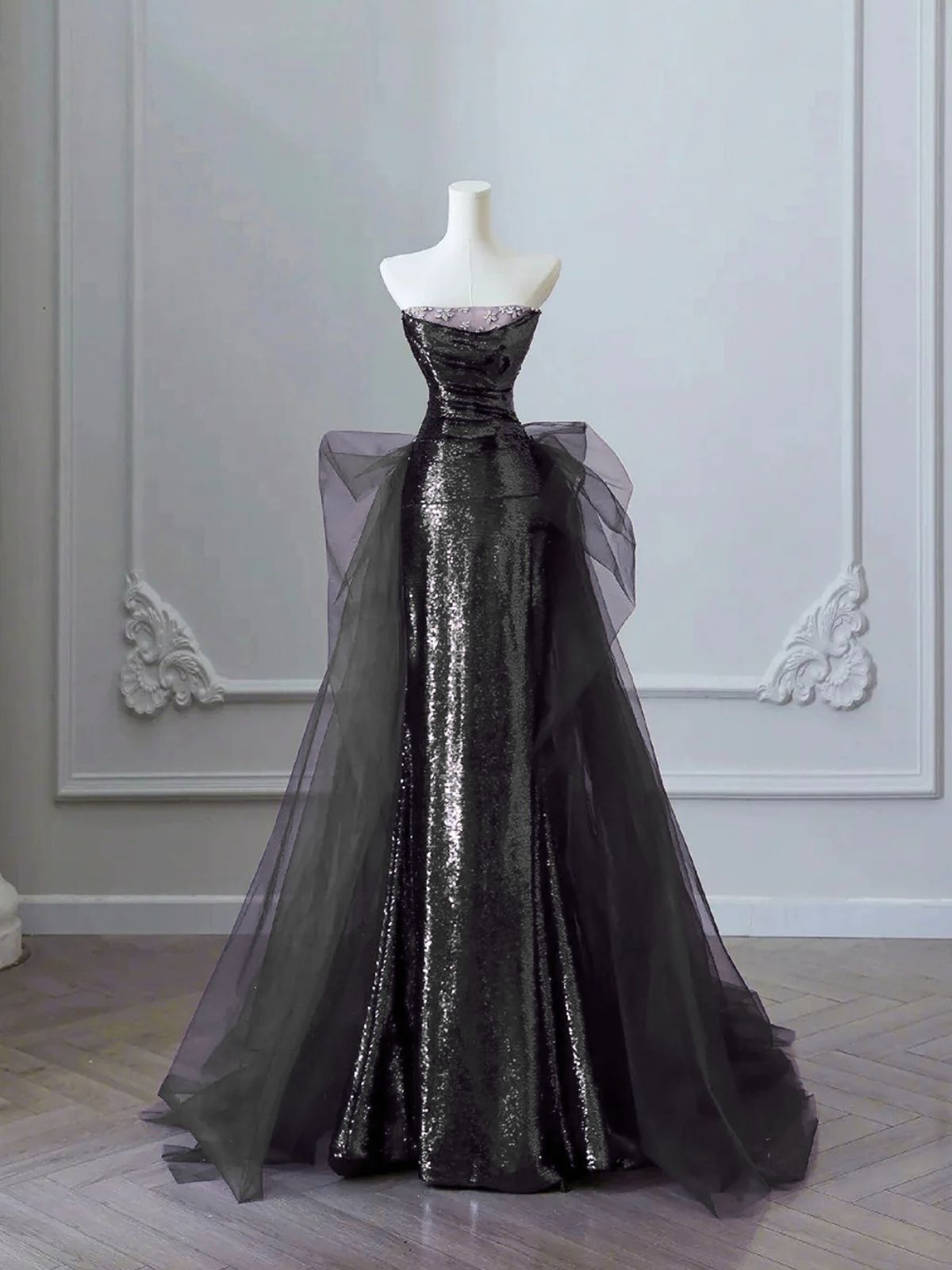 Black A-line Sequins with Tulle Long Formal Dress