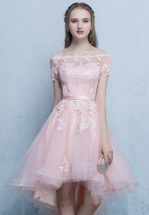 Pink Off Shoulder Tulle High Low Homecoming Dresses