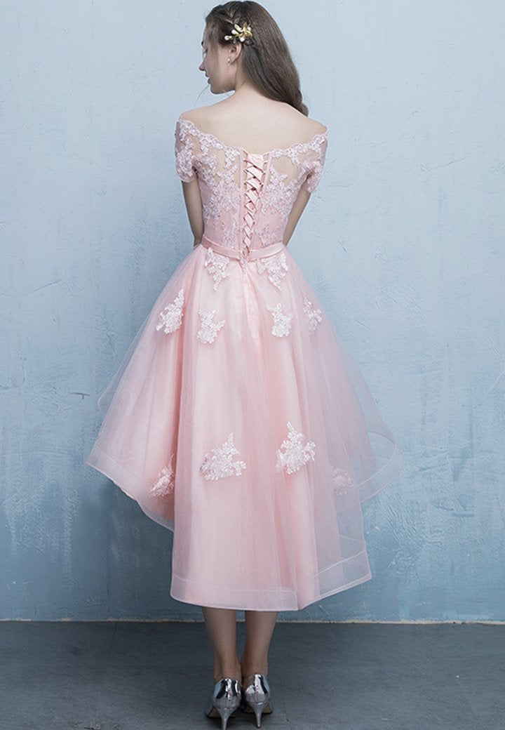 Pink Off Shoulder Tulle High Low Homecoming Dresses