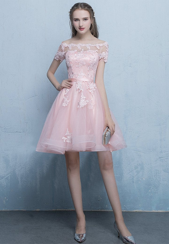 Pink Off Shoulder Tulle High Low Homecoming Dresses