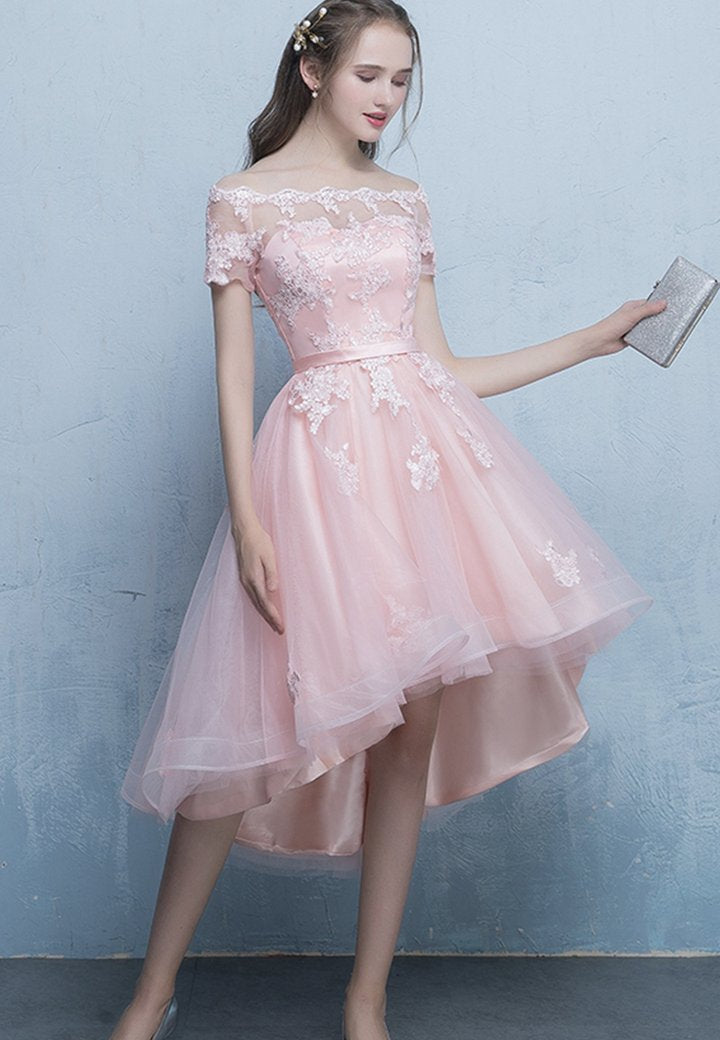 Pink Off Shoulder Tulle High Low Homecoming Dresses