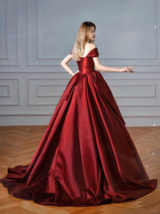 Elegante vestido de fiesta de satén rojo vino con hombros descubiertos 