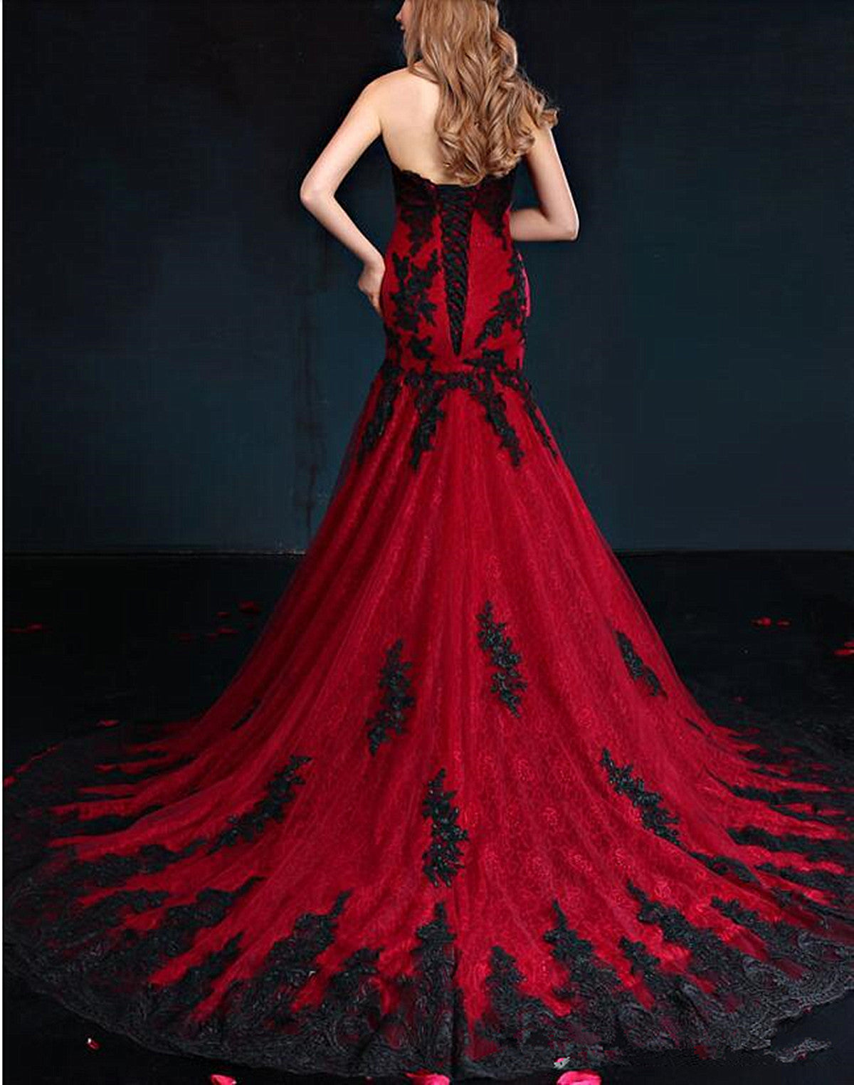 Wine Red Mermaid Long Party Dress with Black Lace