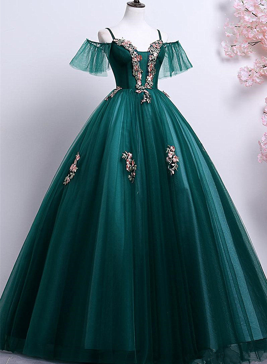 Vestido de fiesta de tul con hombros descubiertos y encaje verde oscuro 