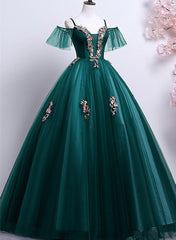 Vestido de fiesta de tul con hombros descubiertos y encaje verde oscuro 