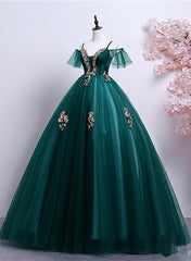 Vestido de fiesta de tul con hombros descubiertos y encaje verde oscuro 