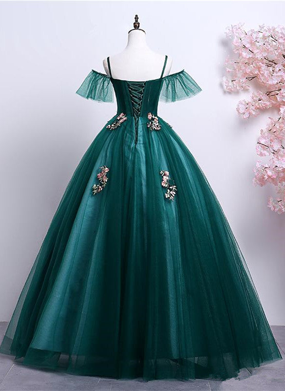 Vestido de fiesta de tul con hombros descubiertos y encaje verde oscuro 